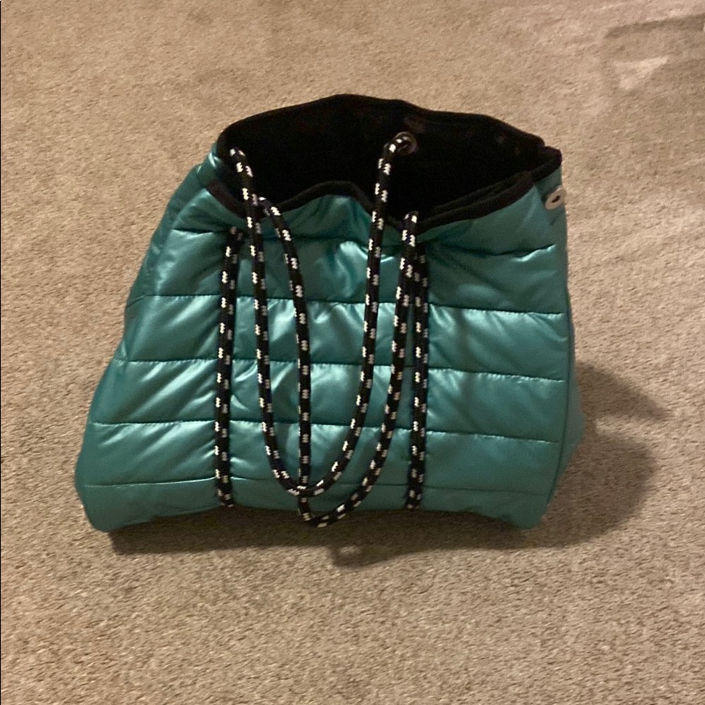 Blue and Black Quilted Tote Bag with Unique Shape